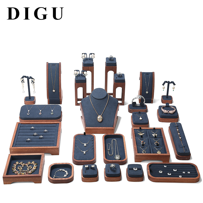 S019 Blue DIGU Handmade Customization Solid Wood Microfiber Jewelry Display Set