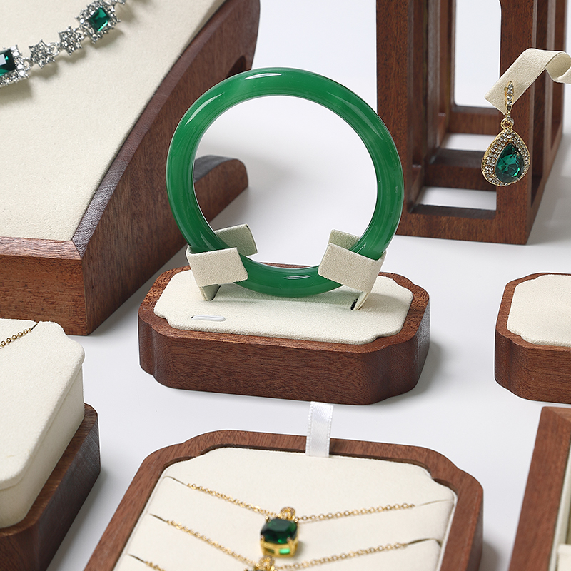 S020 Beige DIGU Wood MIcrofiber Earring Ring Necklace Jewelry Display Set