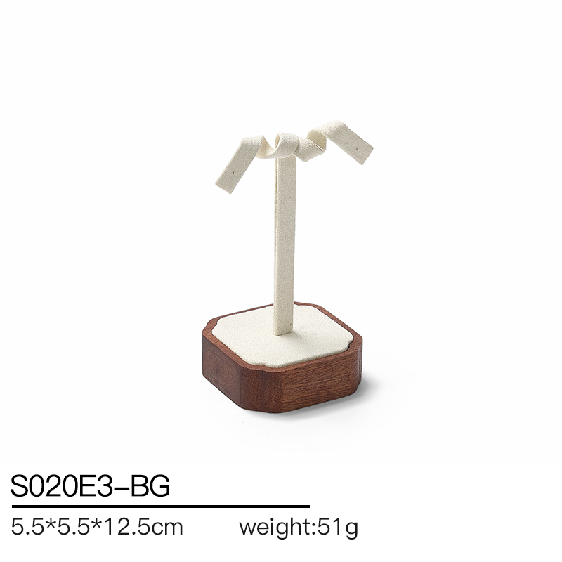 S020 Beige DIGU Wood MIcrofiber Earring Ring Necklace Jewelry Display Set