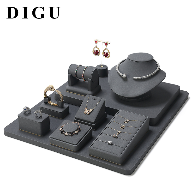 S022 Dark grey DIGU PU Leather Plastic with Metal Luxury Jewelry Display Set for Rings Earrings Necklace