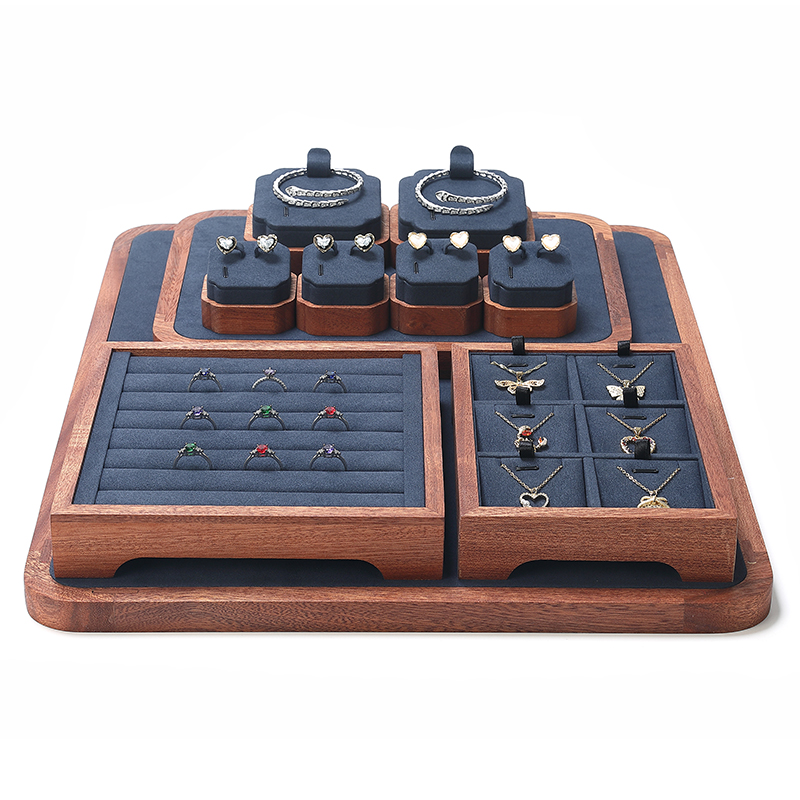 S020 Blue DIGU Luxury Wood with Microfiber Jewelry Stand Display Set