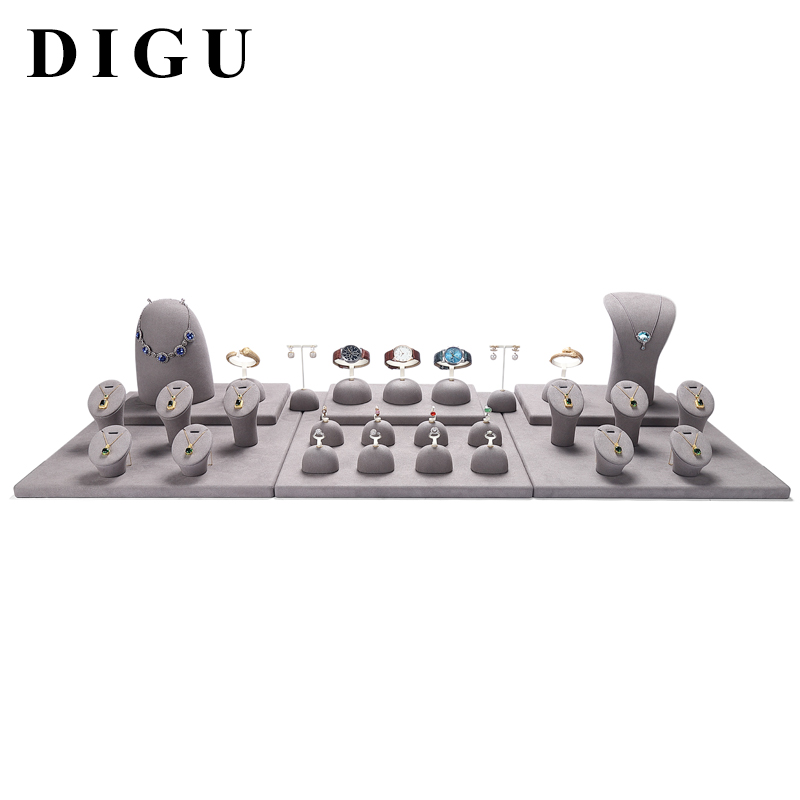 S027 Gray DIGU Handmade Microfiber Ring Bracelet Necklace Earring Holder Stand Jewelry Display Set