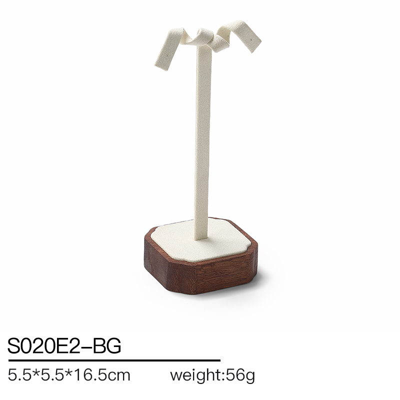 S020 Beige DIGU Wood MIcrofiber Earring Ring Necklace Jewelry Display Set