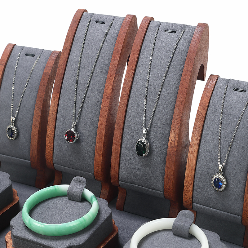 S020 Gray DIGU High Quality Solid Wood with Microfiber Bracelet Earring Necklace Jewelry Display Set