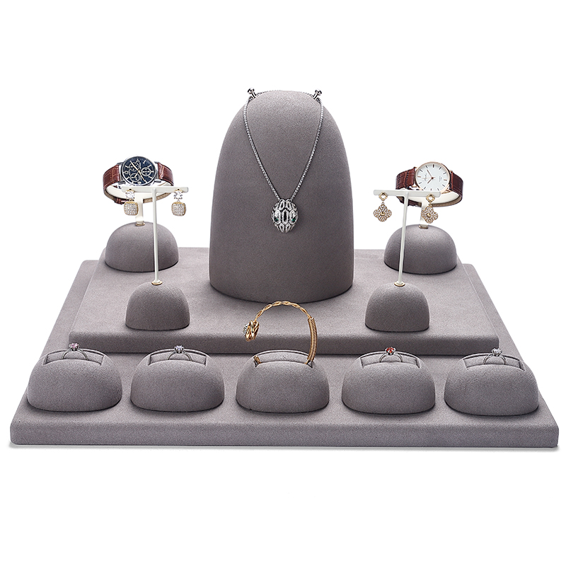 S027 Gray DIGU Handmade Microfiber Ring Bracelet Necklace Earring Holder Stand Jewelry Display Set