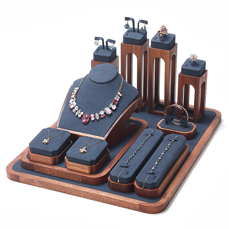 S020 Blue DIGU Luxury Wood with Microfiber Jewelry Stand Display Set