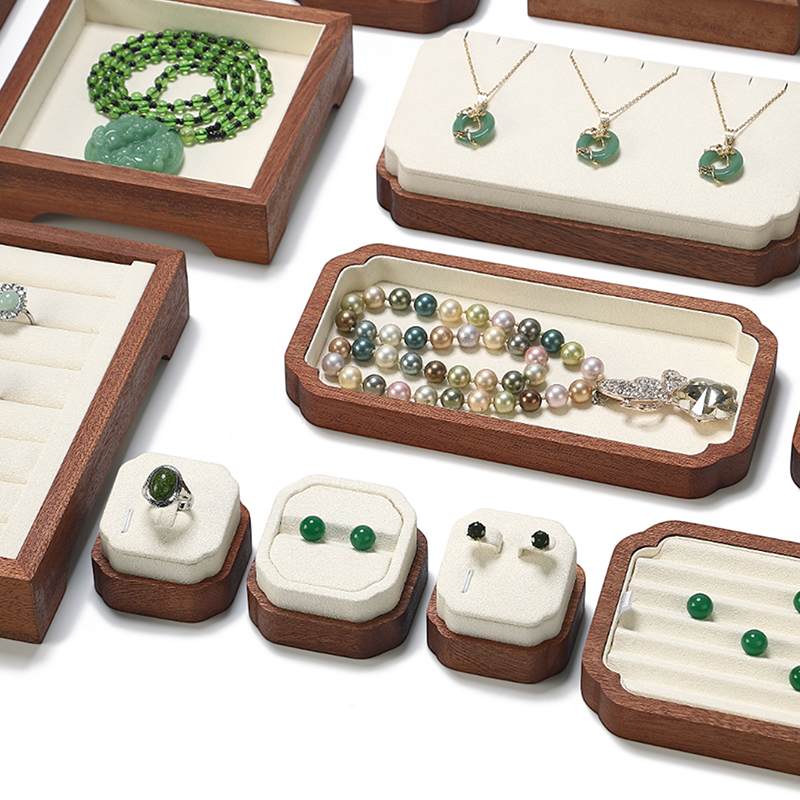 S020 Beige DIGU Wood MIcrofiber Earring Ring Necklace Jewelry Display Set