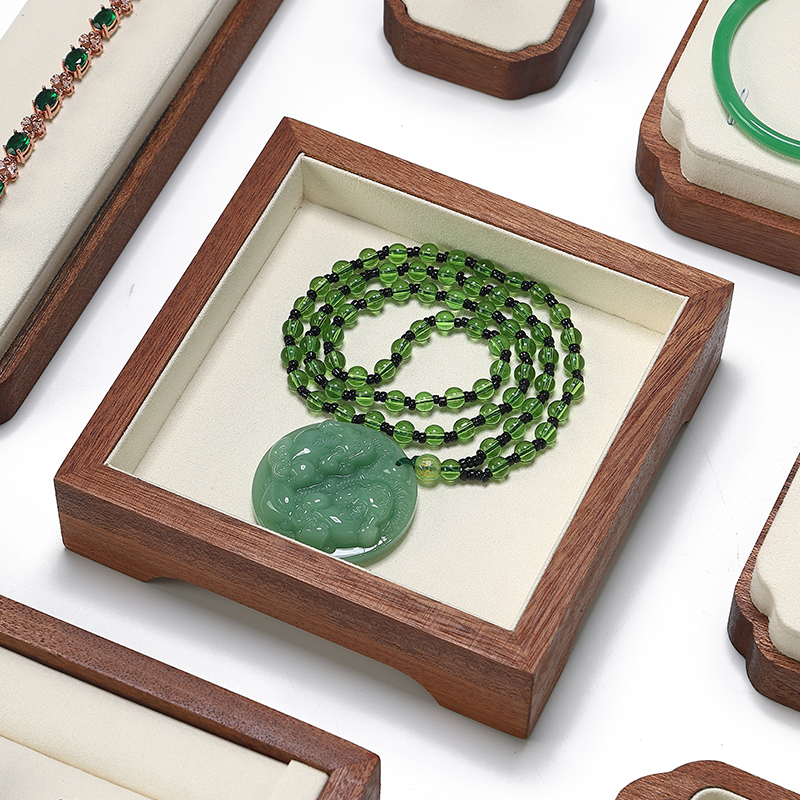 S020 Beige DIGU Wood MIcrofiber Earring Ring Necklace Jewelry Display Set