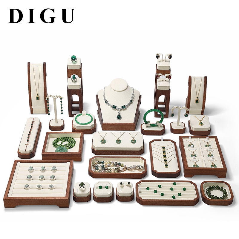 S020 Beige DIGU Wood MIcrofiber Earring Ring Necklace Jewelry Display Set