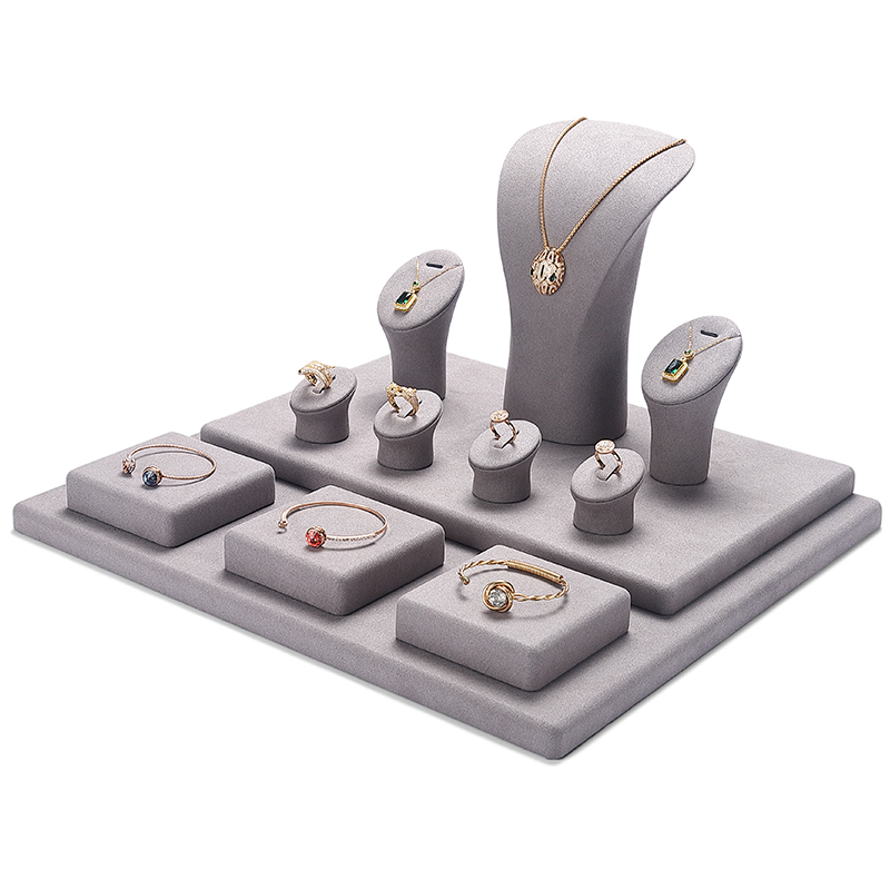 S027 Gray DIGU Handmade Microfiber Ring Bracelet Necklace Earring Holder Stand Jewelry Display Set