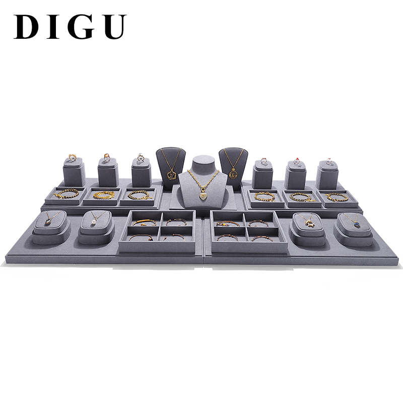 S028 Gray DIGU Custom Microfiber Jewelry Display Set for Ring Bracelet Necklace