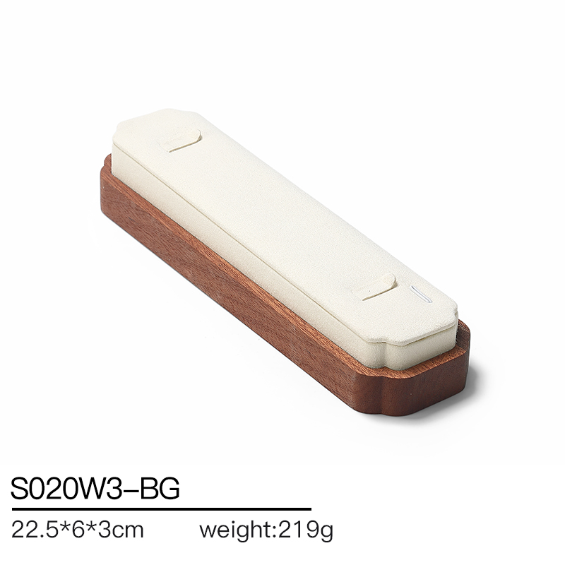 S020 Beige DIGU Wood MIcrofiber Earring Ring Necklace Jewelry Display Set