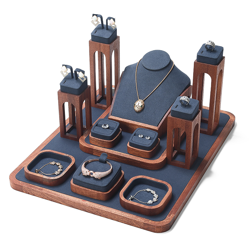 S019 Blue DIGU Handmade Customization Solid Wood Microfiber Jewelry Display Set