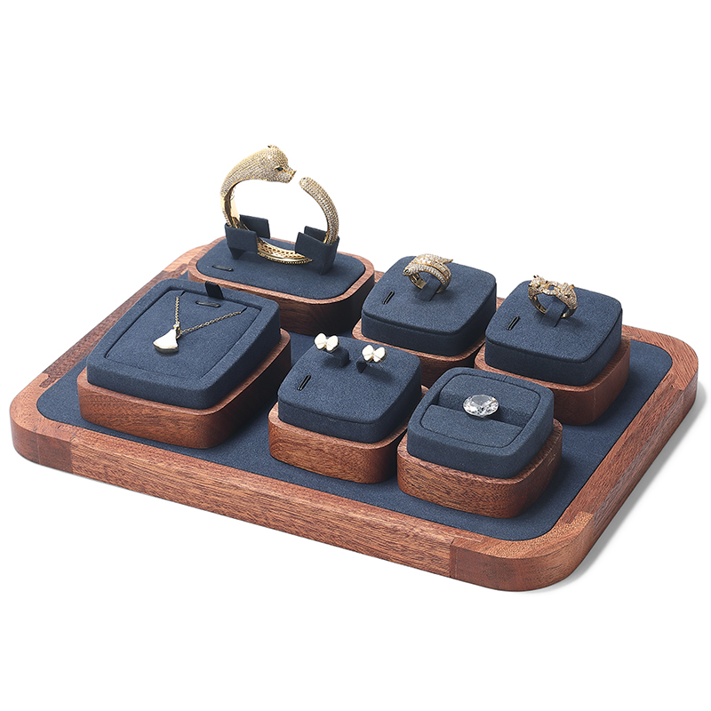 S019 Blue DIGU Handmade Customization Solid Wood Microfiber Jewelry Display Set