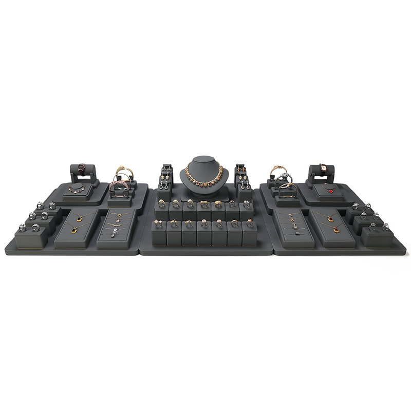 S022 Dark grey DIGU PU Leather Plastic with Metal Luxury Jewelry Display Set for Rings Earrings Necklace