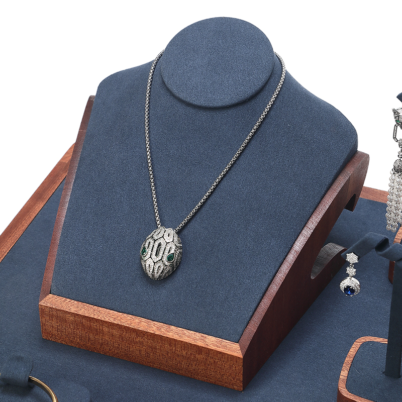 S019 Blue DIGU Handmade Customization Solid Wood Microfiber Jewelry Display Set