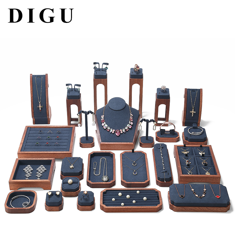 S020 Blue DIGU Luxury Wood with Microfiber Jewelry Stand Display Set