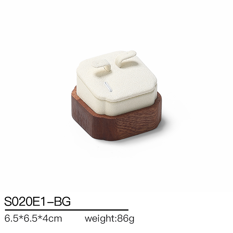 S020 Beige DIGU Wood MIcrofiber Earring Ring Necklace Jewelry Display Set