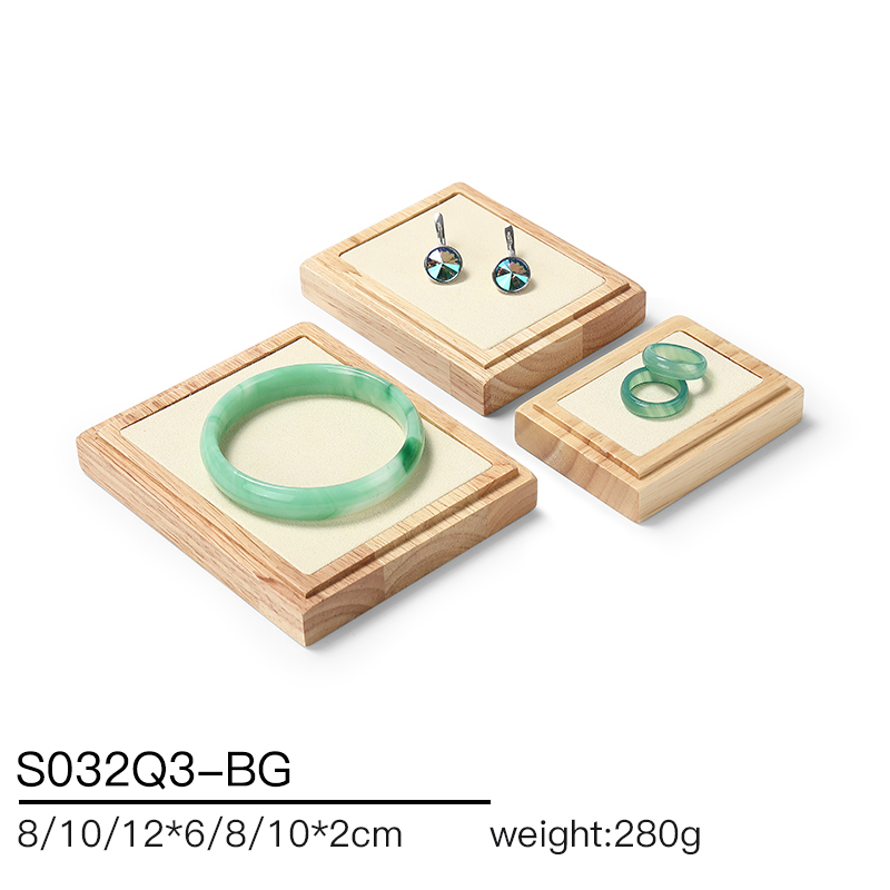 S032 Beige DIGU Handmade Microfiber Wood Jewelry Display Set for Rings Bracelets Necklaces Earrings