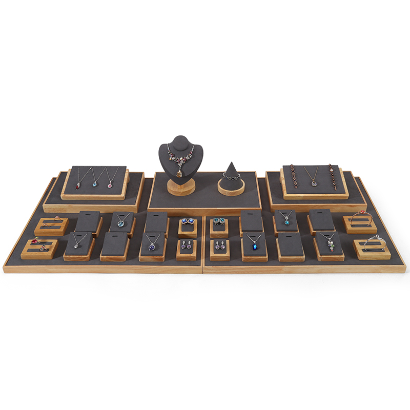 S032 Gray DIGU Handmade Microfiber Wood Jewelry Display Set for Necklace Rings