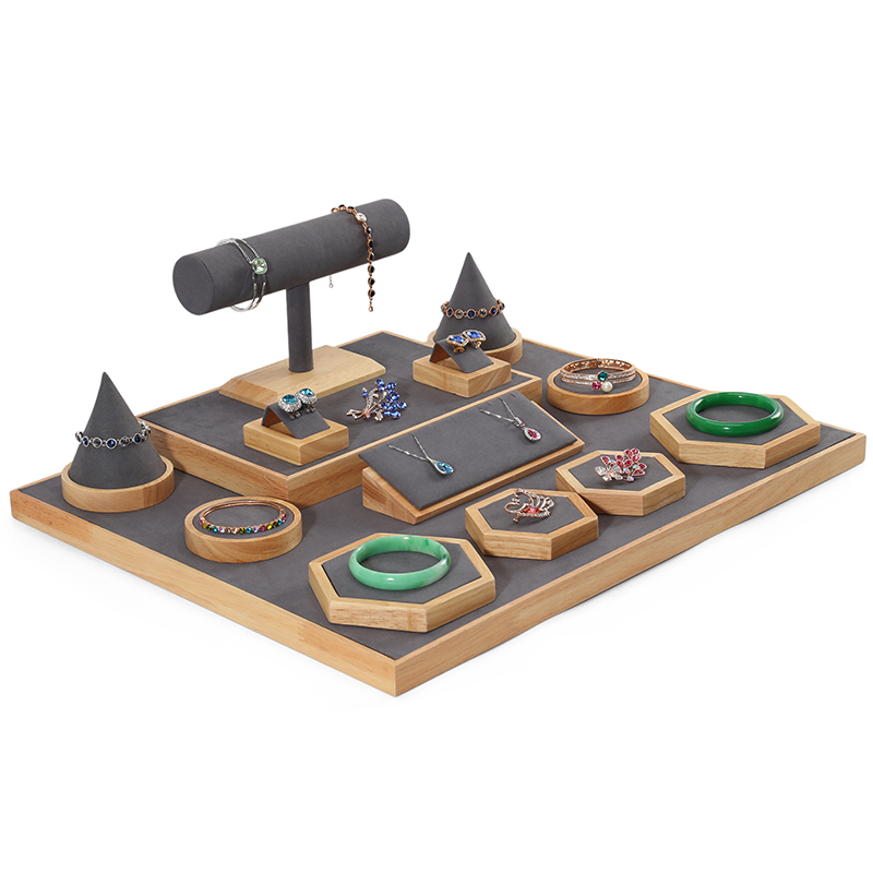 S032 Gray DIGU Handmade Microfiber Wood Jewelry Display Set for Necklace Rings