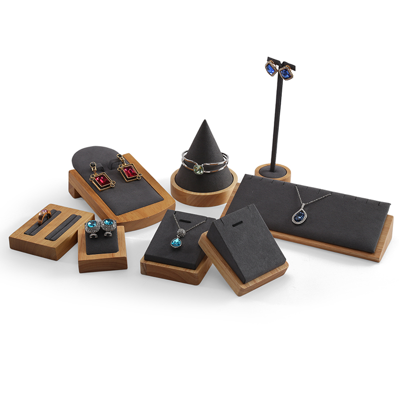 S032 Gray DIGU Handmade Microfiber Wood Jewelry Display Set for Necklace Rings