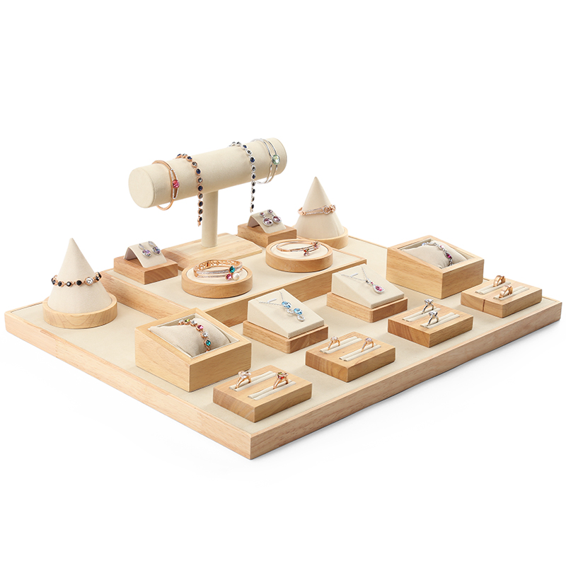 S032 Beige DIGU Handmade Microfiber Wood Jewelry Display Set for Rings Bracelets Necklaces Earrings