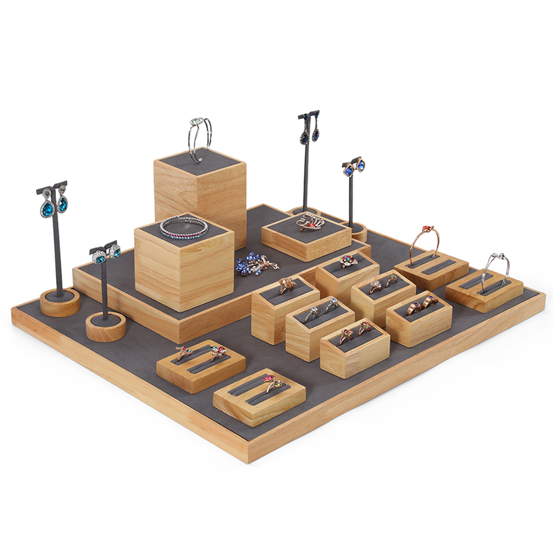 S032 Gray DIGU Handmade Microfiber Wood Jewelry Display Set for Necklace Rings