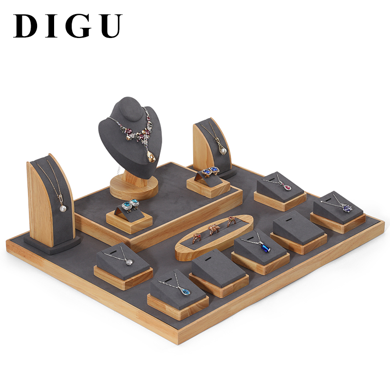 S032 Gray DIGU Handmade Microfiber Wood Jewelry Display Set for Necklace Rings
