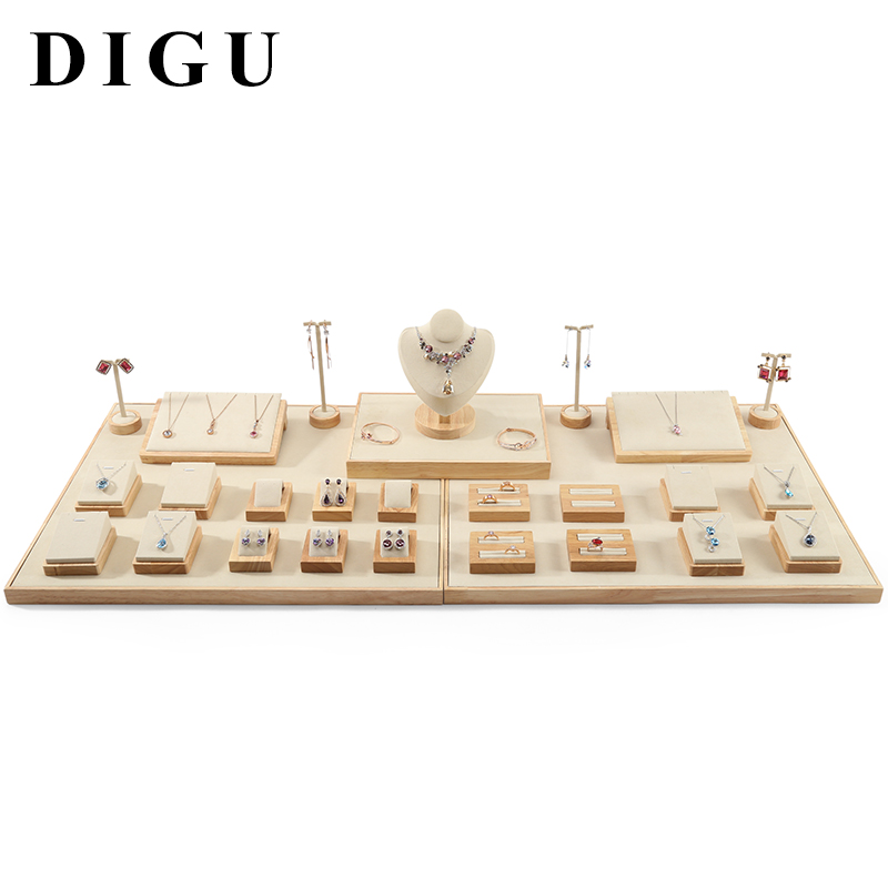 S032 Beige DIGU Handmade Microfiber Wood Jewelry Display Set for Rings Bracelets Necklaces Earrings