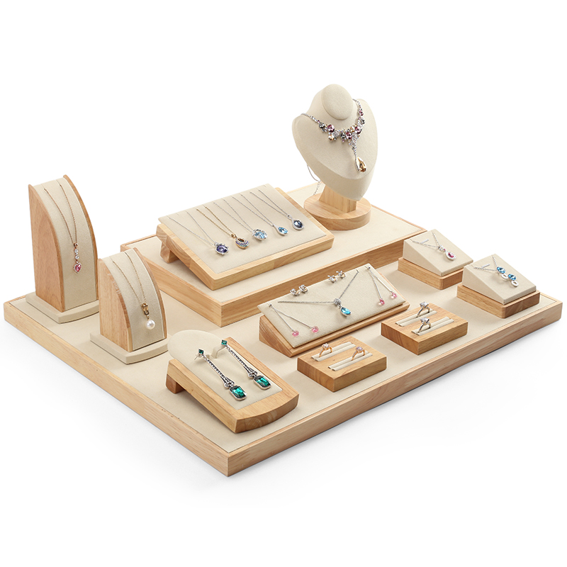 S032 Beige DIGU Handmade Microfiber Wood Jewelry Display Set for Rings Bracelets Necklaces Earrings