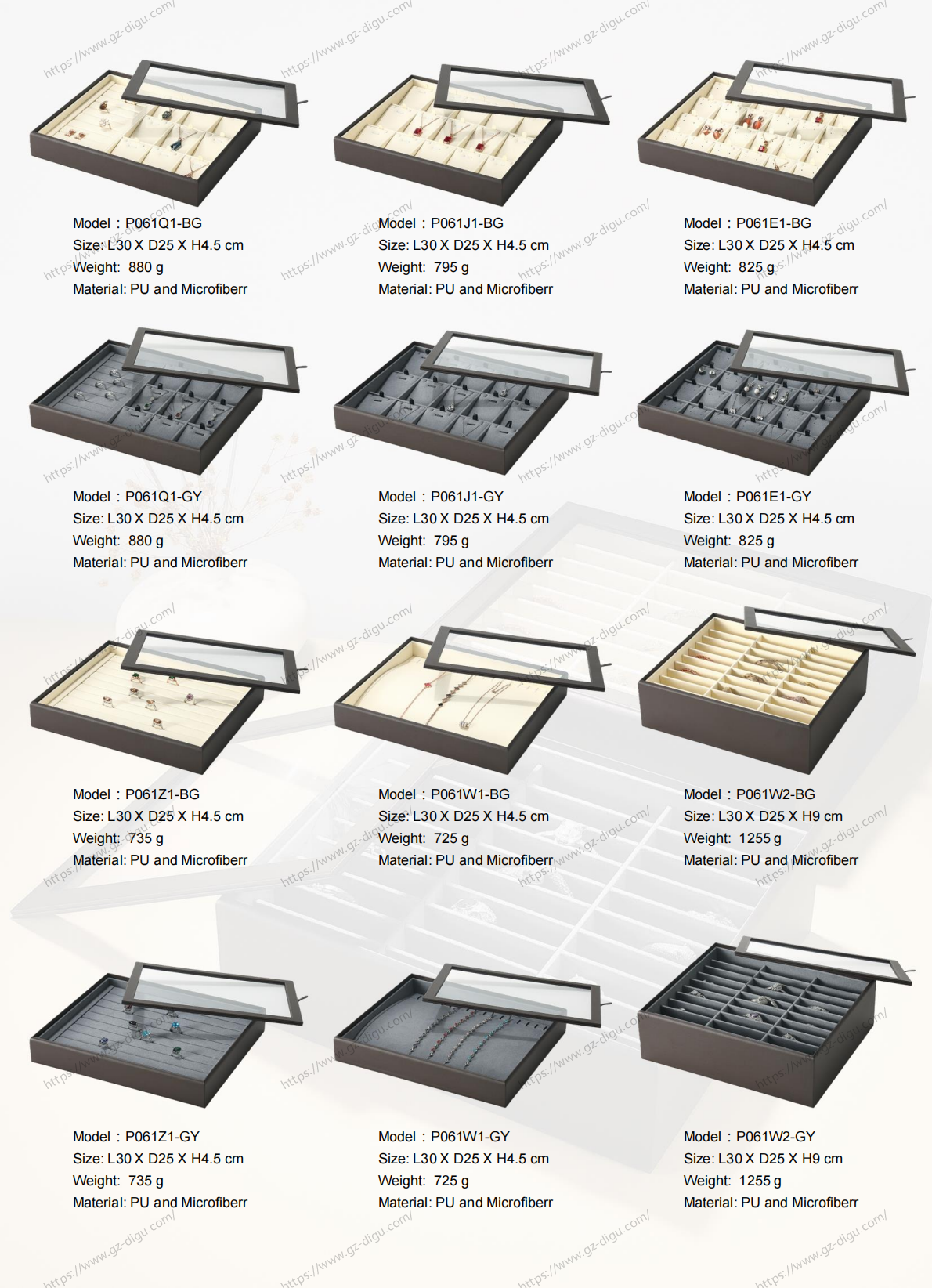 P061 Series Premium Dust-Free Jewelry Display Tray - Microfiber Suede Lined with Scratch-Resistant Clear Lid & PU Frame for Ring, Necklace Collection
