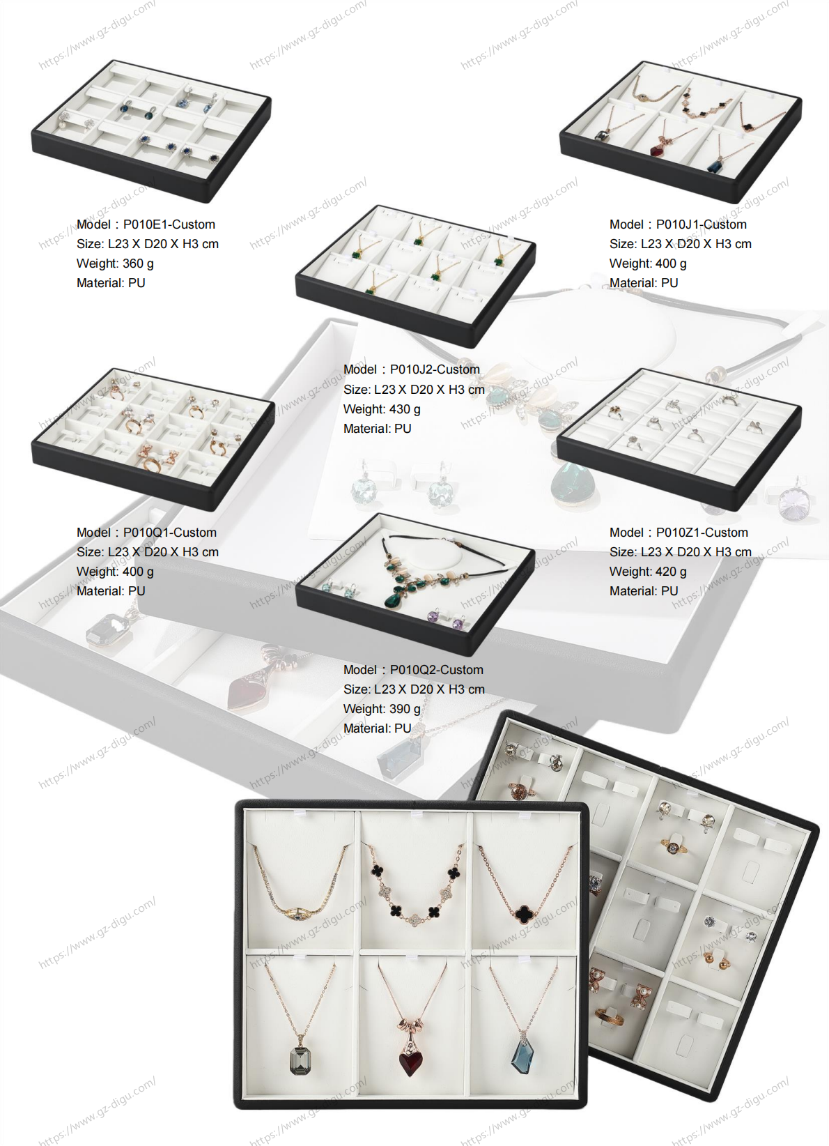 P010 Stackable Jewelry Display Tray - Black PU Edge, White Interior