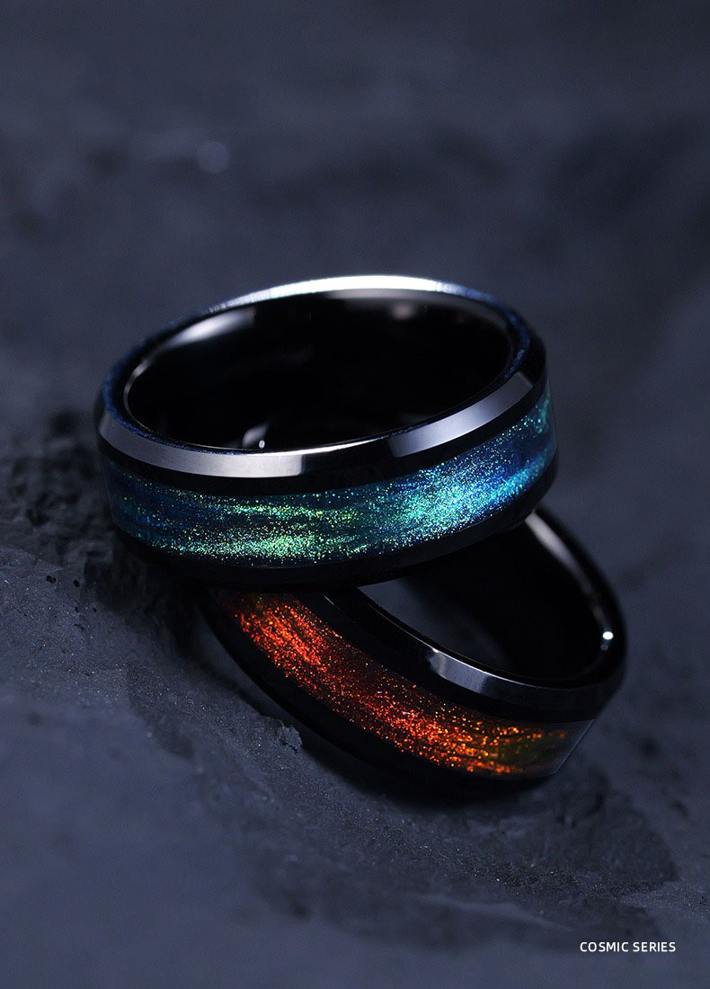 8mm Men's Ring Fashion Men's Personality Tungsten Gold Green Index Finger Single Ring Women's Couple Ring Jewelry