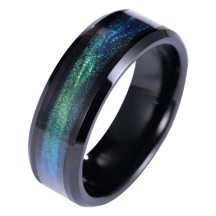 8mm Men's Ring Fashion Men's Personality Tungsten Gold Green Index Finger Single Ring Women's Couple Ring Jewelry