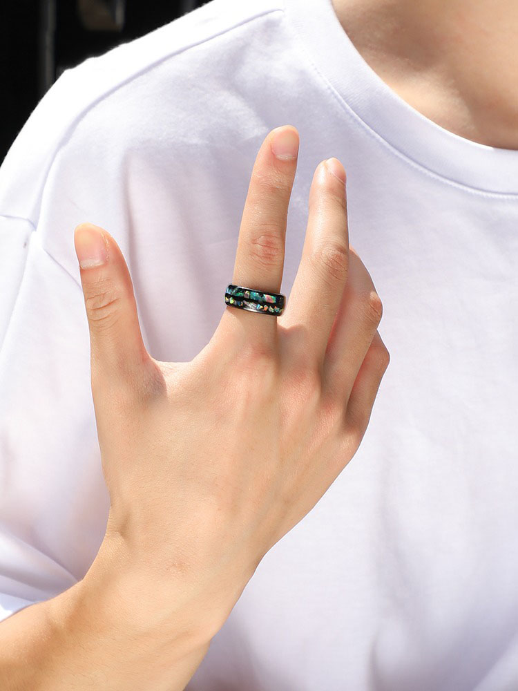 8mm Shell 857 Tungsten Gold Ring Men's Inlaid Colorful Shell Index Finger Women's Simple Cold Style Black Personality Fashion
