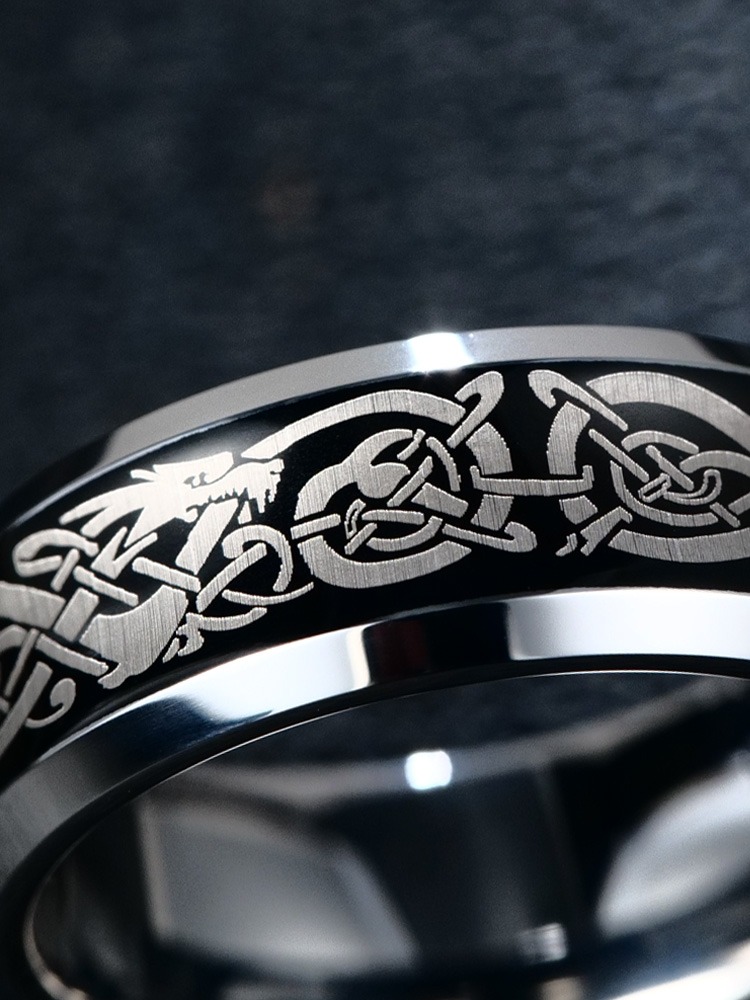 8mm Men's Ring Black Dragon Pattern Trend Personality Versatile Fashion Tungsten Steel High-Grade Sense Simple Concave Dragon Totem Fashionable and Durable