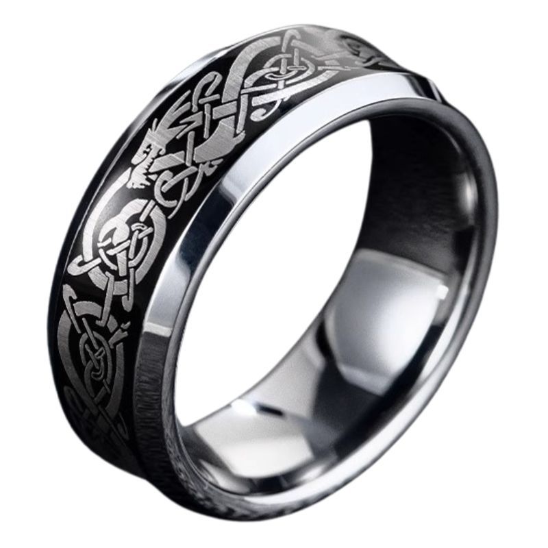 8mm Men's Ring Black Dragon Pattern Trend Personality Versatile Fashion Tungsten Steel High-Grade Sense Simple Concave Dragon Totem Fashionable and Durable