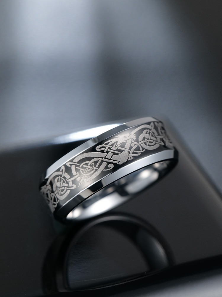 8mm Men's Ring Black Dragon Pattern Trend Personality Versatile Fashion Tungsten Steel High-Grade Sense Simple Concave Dragon Totem Fashionable and Durable