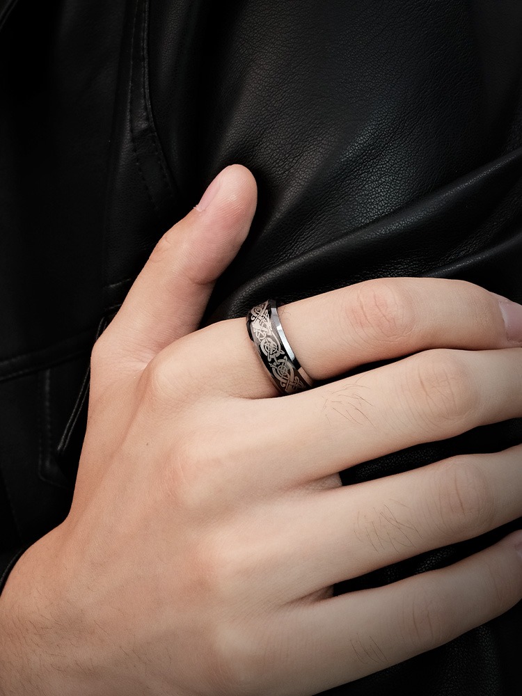 8mm Men's Ring Black Dragon Pattern Trend Personality Versatile Fashion Tungsten Steel High-Grade Sense Simple Concave Dragon Totem Fashionable and Durable