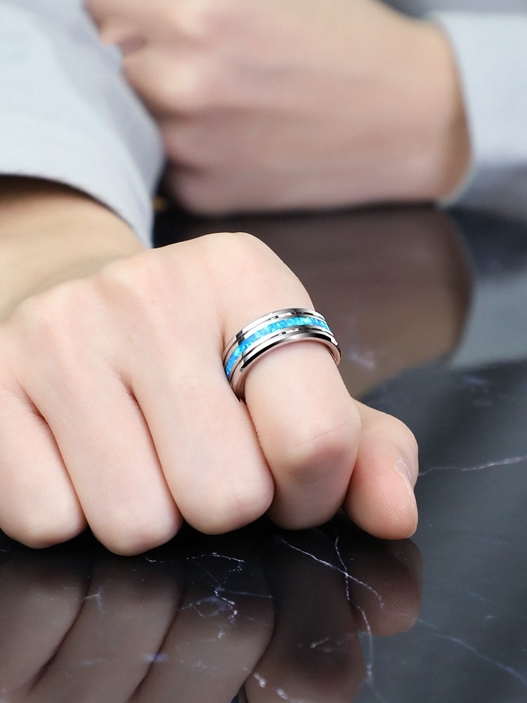 8mm Men's Opal Trend Single Index Finger Pinky Ring Tungsten Gold Men's Ring Ring Inlaid with Blue Opal Durable and Versatile Personality Student Simple