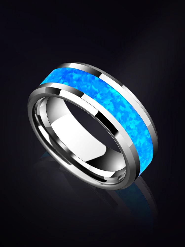 8mm Opal Ring Men's High-end Ring Inlaid with Synthetic Opal Trend Blue Single Tungsten Gold Wide Ring Light Luxury Fashion