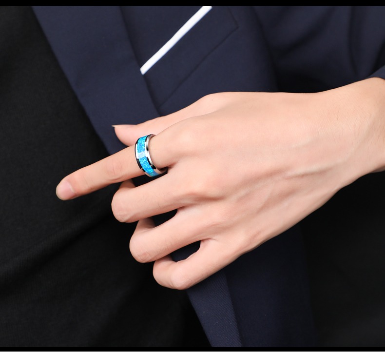 8mm Opal Ring Men's High-end Ring Inlaid with Synthetic Opal Trend Blue Single Tungsten Gold Wide Ring Light Luxury Fashion