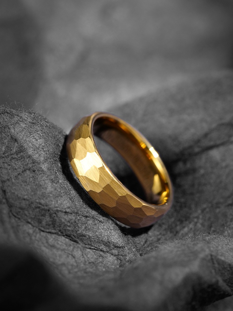 6mm Hammered Ring for Men, Plain Ring with Gold Plated Personality, High-Grade Wide Ring, Fashionable Index Finger Female Pinky Ring, Retro Hammered Tungsten Ring - Durable and Stylish Choice for Men