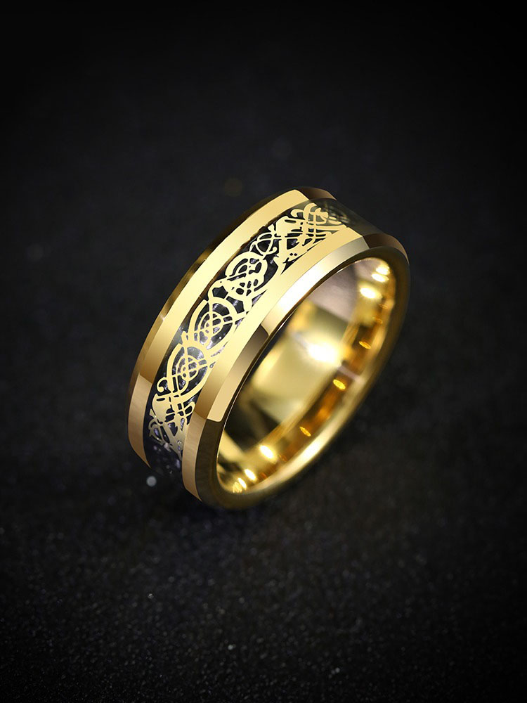 8mm Men's Domineering Dragon Pattern Tungsten Gold Ring Plated With Gold Trendy Index Finger High-End Retro Pinky Ring Female Black Ring Couple Personality Fashion Durable
