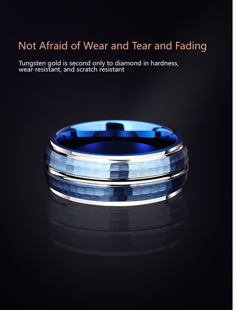 8mm Ring Men's Blue Hammer Pattern Hip Hop Single Index Finger Fashion Tungsten Ring Personality Pinky Ring Men's Tungsten Ring-Fashionable Aurora Blue and Silver Hammer Pattern Design, Durable and Comfortable
