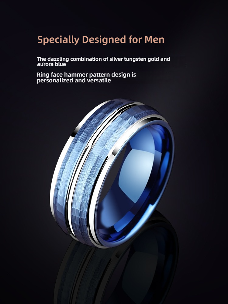 8mm Ring Men's Blue Hammer Pattern Hip Hop Single Index Finger Fashion Tungsten Ring Personality Pinky Ring Men's Tungsten Ring-Fashionable Aurora Blue and Silver Hammer Pattern Design, Durable and Comfortable