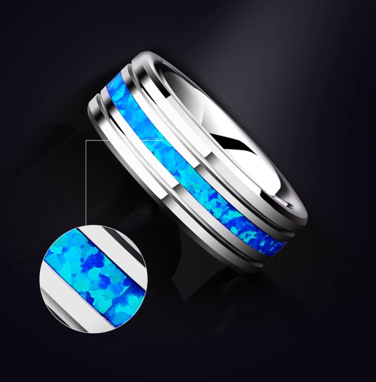 8mm Men's Opal Trend Single Index Finger Pinky Ring Tungsten Gold Men's Ring Ring Inlaid with Blue Opal Durable and Versatile Personality Student Simple