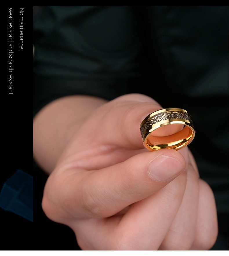 8mm Men's Domineering Dragon Pattern Tungsten Gold Ring Plated With Gold Trendy Index Finger High-End Retro Pinky Ring Female Black Ring Couple Personality Fashion Durable