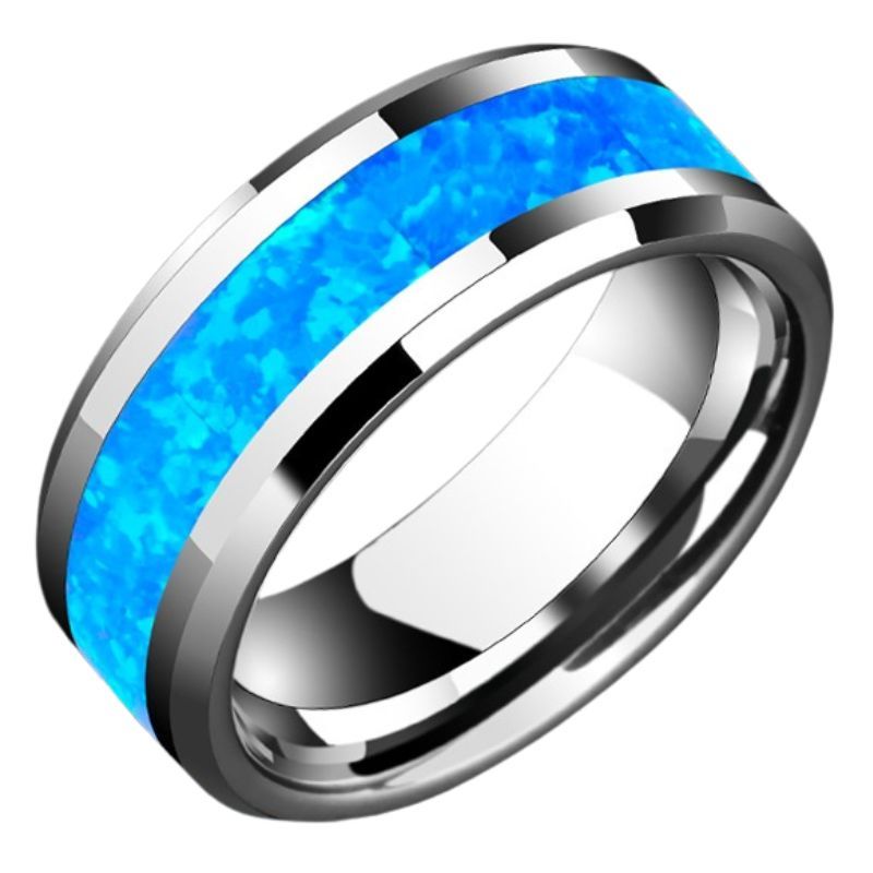 8mm Opal Ring Men's High-end Ring Inlaid with Synthetic Opal Trend Blue Single Tungsten Gold Wide Ring Light Luxury Fashion